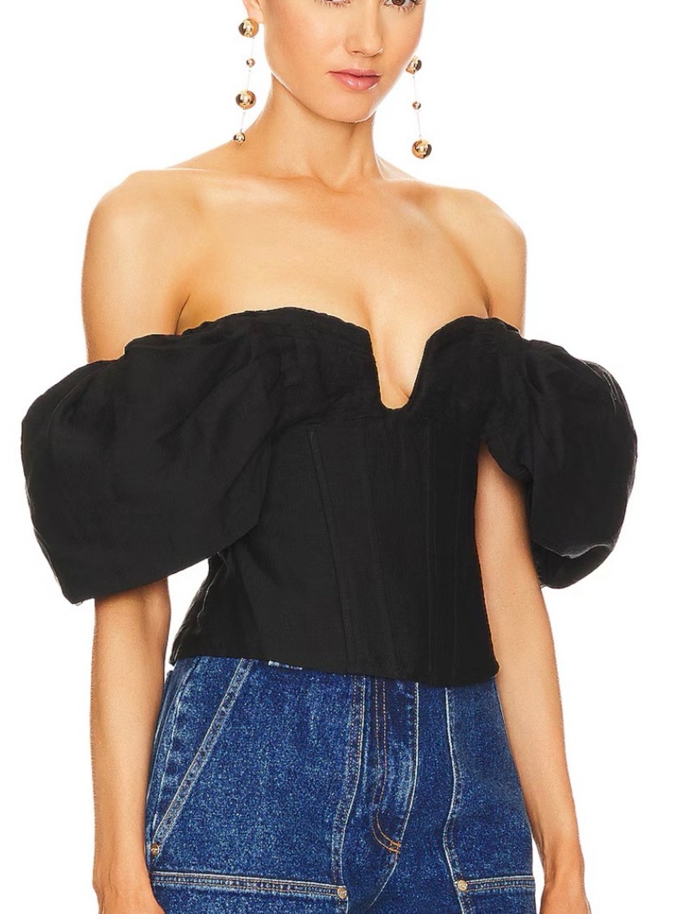 cult gaia Black Off-Shoulder Puff Sleeve Corset Camisole